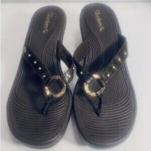 Skechers EUC Women's Brown Size 9 Cali Kitty Wedge Heel Studded Thong Sandals